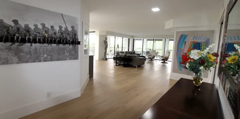 Spacious modern living room with art decor.
