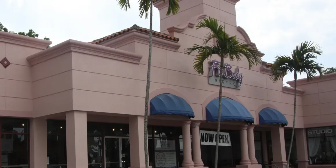 Pink shopping center with palm trees outside.
